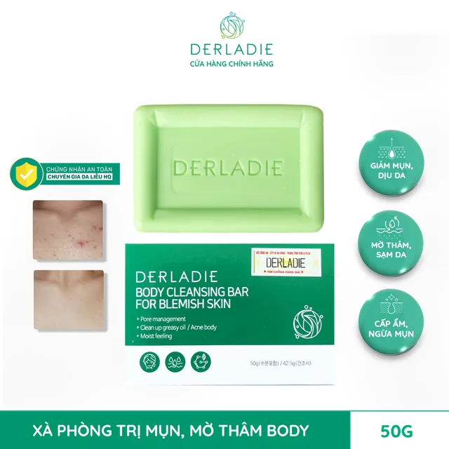 X&agrave; ph&ograve;ng hỗ trợ giảm mụn cơ thể Derladie Body Cleansing Bar For Blemish Skin   Derladie Body Cleansing Bar For Blemish Skin hỗ trợ gi&uacute;p sạch s&acirc;u lỗ ch&acirc;n l&ocirc;ng, loại bỏ to&agrave;n bộ bụi bẩn, b&atilde; nhờn, cải thiện t&igrave;nh trạng mụn tr&ecirc;n cơ thể với c&ocirc;ng thức độc quyền chiết xuất từ c&aacute;c th&agrave;nh phần thi&ecirc;n nhi&ecirc;n.  X&agrave; ph&ograve;ng hỗ trợ giảm mụn cơ thể Derladie Body Cleansing Bar For Blemish Skin   Ưu điểm nổi bật của x&agrave; ph&ograve;ng hỗ trợ giảm mụn cơ thể Derladie Body Cleansing Bar For Blemish Skin Hỗ trợ loại bỏ b&atilde; nhờn, bụi bẩn, đồng thời kh&aacute;ng vi&ecirc;m, phục hồi da hiệu quả, mang đến l&agrave;n da s&aacute;ng mịn v&agrave; sạch mụn. Hỗ trợ l&agrave;m dịu l&agrave;n da k&iacute;ch ứng, hỗ trợ cải thiện l&agrave;n da xỉn m&agrave;u. Hỗ trợ phục hồi da mụn, cấp ẩm v&agrave; nu&ocirc;i dưỡng da, tạo h&agrave;ng r&agrave;o bảo vệ da khỏe mạnh hơn. Gi&uacute;p dưỡng ẩm, l&agrave;m mềm da. Hỗ trợ bảo vệ da khỏi bức xạ UVA v&agrave; UVB. Th&agrave;nh phần kh&ocirc;ng chứa hương liệu v&agrave; chất bảo quản h&oacute;a học v&igrave; vậy an to&agrave;.n cho mọi loại da, ngay cả l&agrave;n da nhạy cảm.  Giải ph&aacute;p hỗ trợ cải thiện mụn cho v&ugrave;ng da body hiệu quả