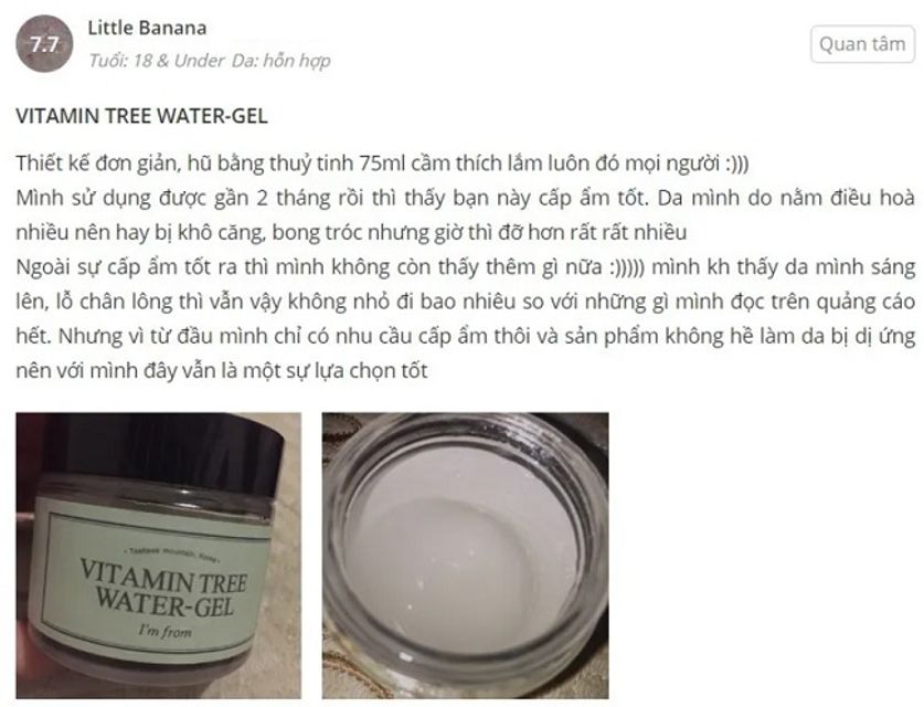 Review kem dưỡng ẩm Vitamin Tree Water Gel từ người sử dụng