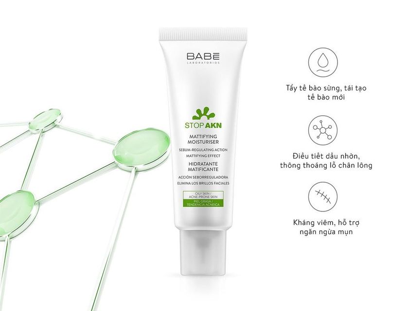 Kem dưỡng Babe Stop AKN Mattifying Moisturiser hỗ trợ ngừa mụn v&agrave; kiểm so&aacute;t dầu nhờn&nbsp;