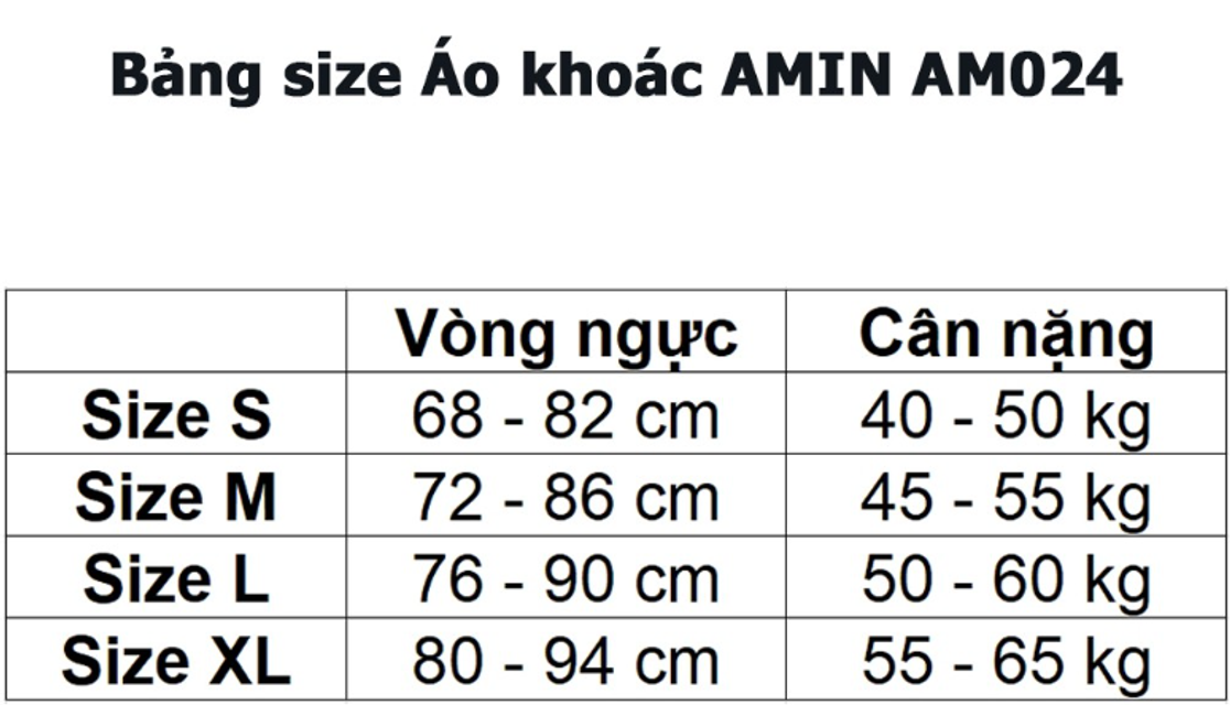 Bảng size tham khảo