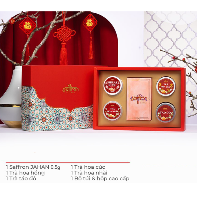 Hộp qu&agrave; tết nhụy hoa nghệ t&acirc;y Saffron Jahan v&agrave; 4 loại tr&agrave;