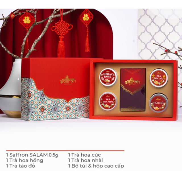 Hộp qu&agrave; tết nhụy hoa nghệ t&acirc;y Saffron Salam c&ugrave;ng 4 loại tr&agrave; sang trọng, &yacute; nghĩa