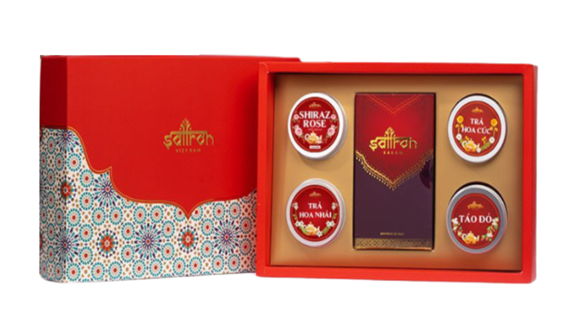 Hộp qu&agrave; tết nhụy hoa nghệ t&acirc;y Saffron Salam c&ugrave;ng 4 loại tr&agrave;