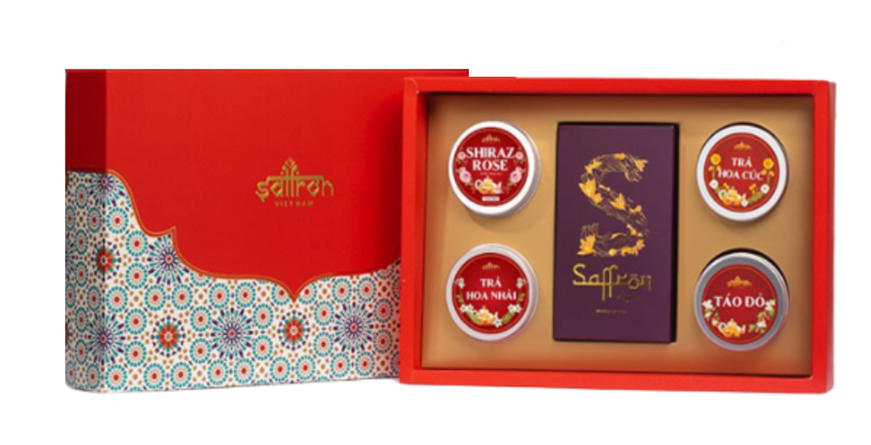 Hộp qu&agrave; tết nhụy hoa nghệ t&acirc;y Saffron Shyam + 4 loại tr&agrave; được đ&oacute;ng g&oacute;i đẹp mắt