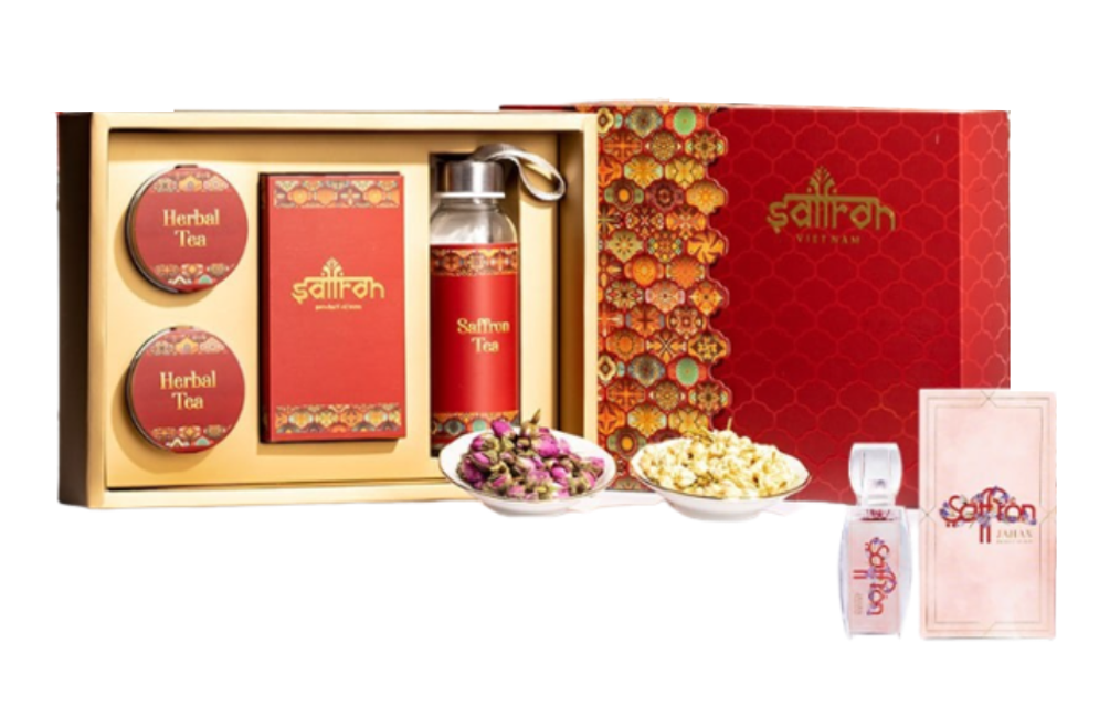 Hộp qu&agrave; tết Saffron Jahan 1gr c&ugrave;ng 2 loại tr&agrave; hoa