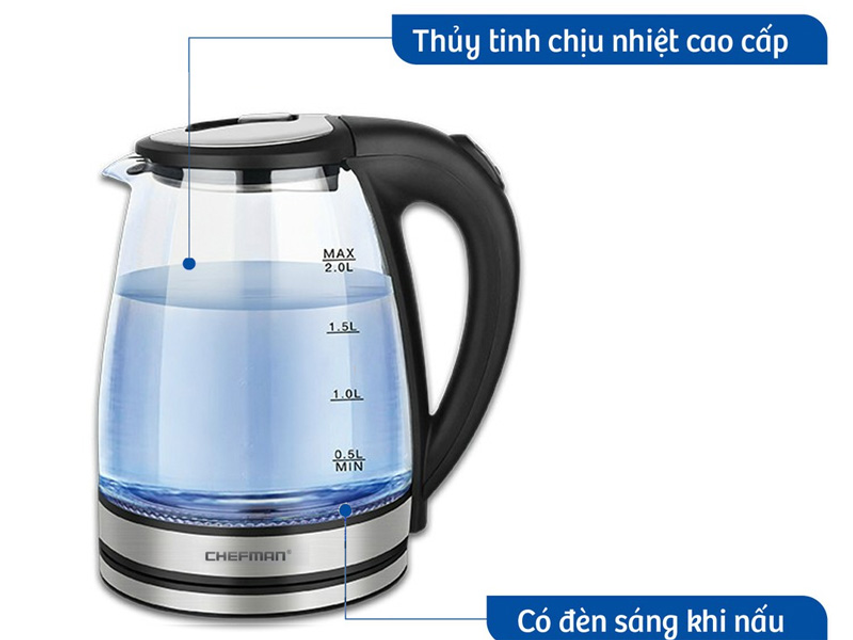 Ấm thủy tinh si&ecirc;u tốc Chefman CM-736T thiết kế đẹp mắt, chất liệu cao cấp