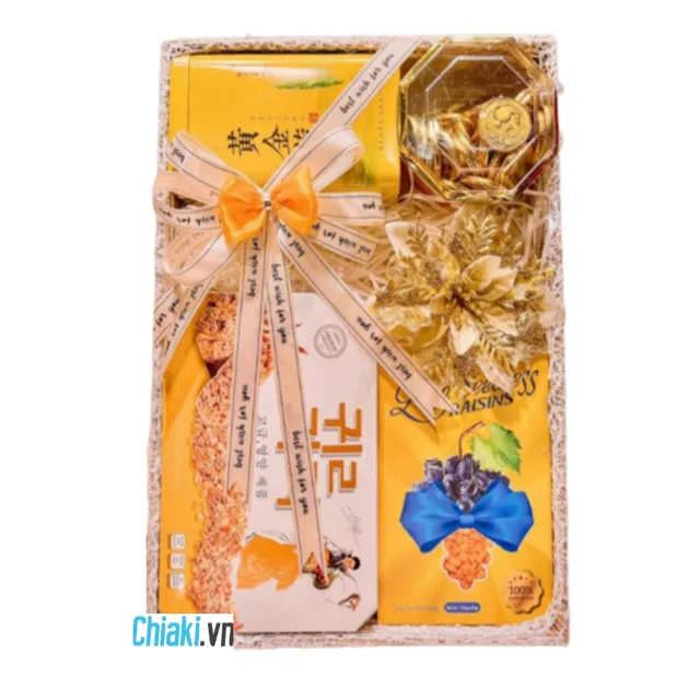 Giỏ qu&agrave; tết đế gỗ 4 m&oacute;n sang trọng t&ocirc;ng m&agrave;u v&agrave;ng