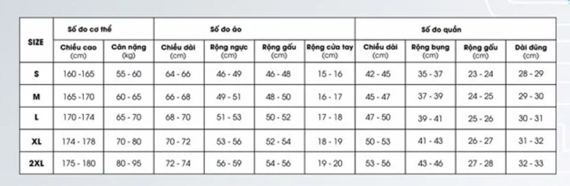 Bảng size tham khảo