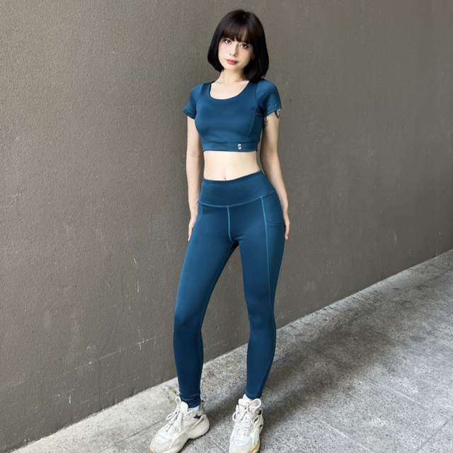 Bộ đồ tập gym yoga S210501-2 &aacute;o croptop lưng d&acirc;y đan ch&eacute;o phối legging cạp cao (m&agrave;u xanh cổ vịt)
