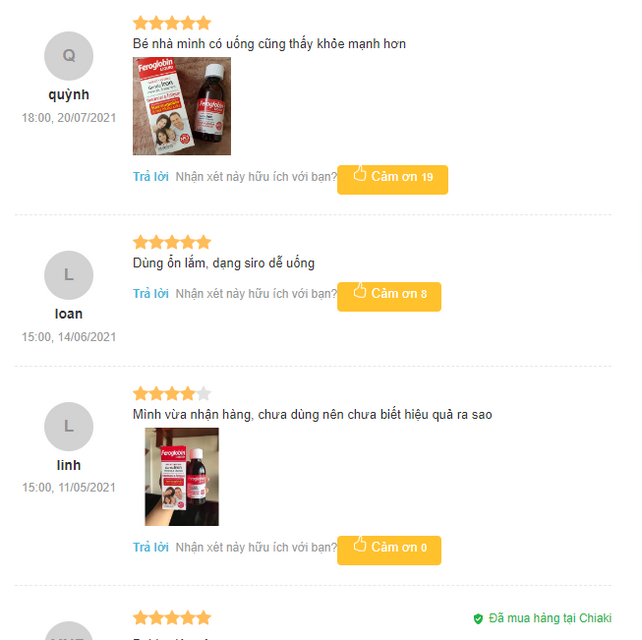 Review của người d&ugrave;ng khi sử dụng sắt của Anh Feroglobin B12 tại Chiaki