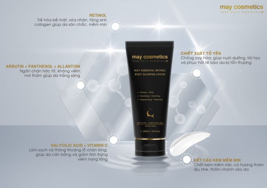 Sữa dưỡng da trắng s&aacute;ng May Essential Body Retinol Glowing Lotion 2