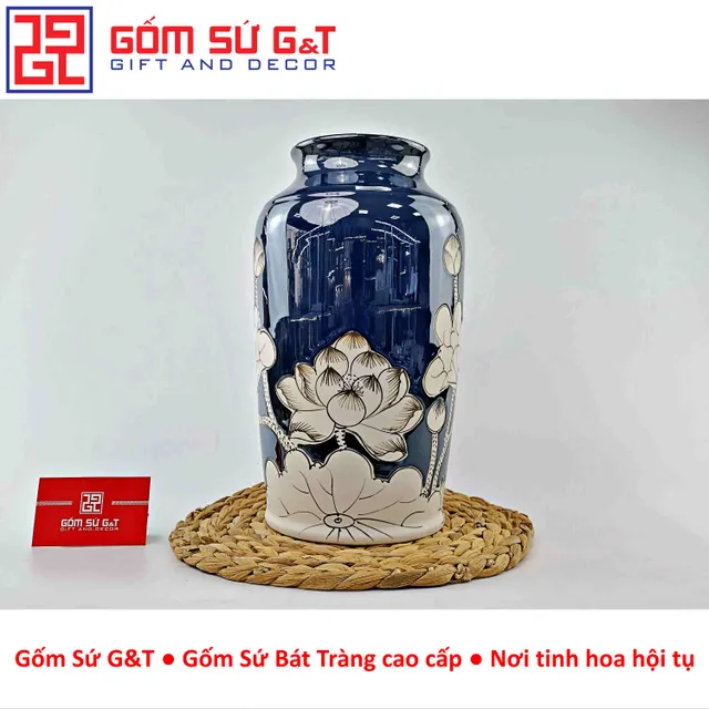 Lọ hoa men hỏa biến d&aacute;ng thạp vẽ sen