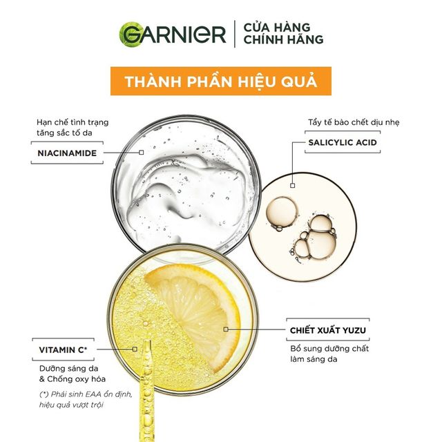 Tinh Chất Garnier Bright Complete 30x Vitamin C Booster Serum với th&agrave;nh phần ch&iacute;nh l&agrave; Vitamin C, chiết xuất quả Yuzu, Niacinamide, Salicylic Acid v&agrave; Glycerin gi&uacute;p mang lại hiệu quả dưỡng s&aacute;ng da, mờ th&acirc;m vượt trội.