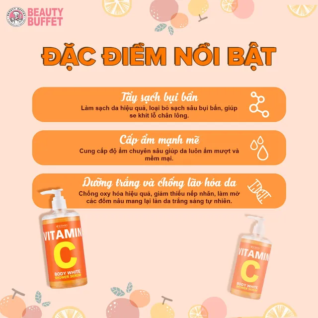Sữa Tắm Beauty Buffet Scentio Vitamin C gi&uacute;p l&agrave;m sạch da ho&agrave;n hảo, l&agrave;m th&ocirc;ng tho&aacute;ng lỗ ch&acirc;n l&ocirc;ng, bổ sung s&acirc;u Vitamin hỗ trợ dưỡng s&aacute;ng da v&agrave; phục hồi chuy&ecirc;n s&acirc;u.