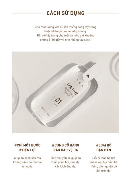 Sử dụng Nước Tẩy Trang S.O.B Tea Tree Cleansing Water h&agrave;ng ng&agrave;y để l&agrave;m sạch v&agrave; chăm s&oacute;c l&agrave;n da khoẻ mạnh.