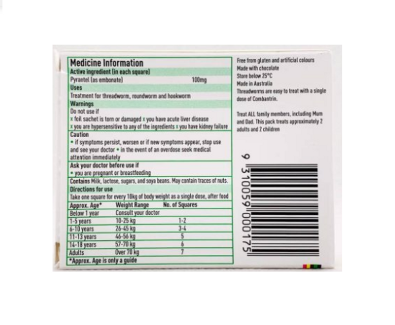 Tẩy giun (vị socola) Combantrin - Úc - hộp 24 viên - Từ 1y 2