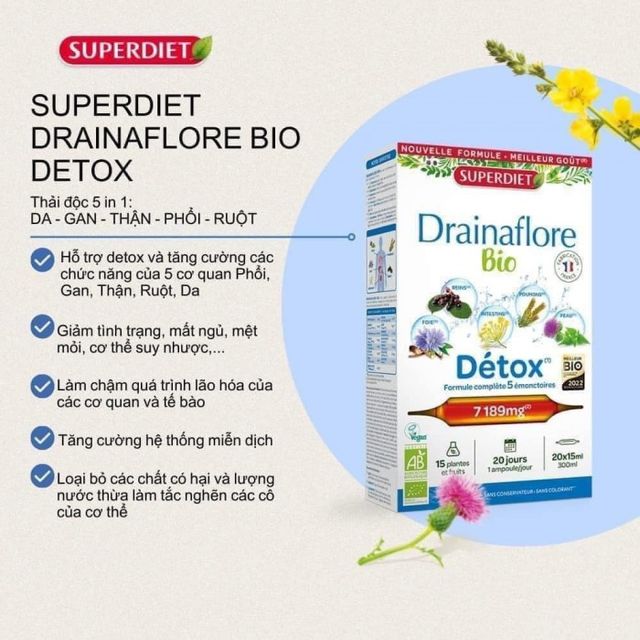 Nước uống detox thanh lọc cơ thể 5in1 Détox Drainaflore Bio 20 Ống 2