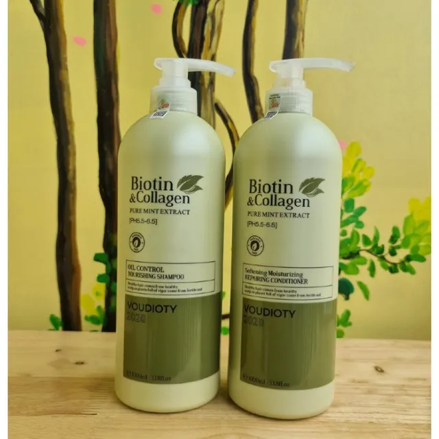 Cặp Gội Xả Biotin & Collagen Voudioty D&agrave;nh Cho T&oacute;c Dầu 1000ml - Xanh l&aacute;