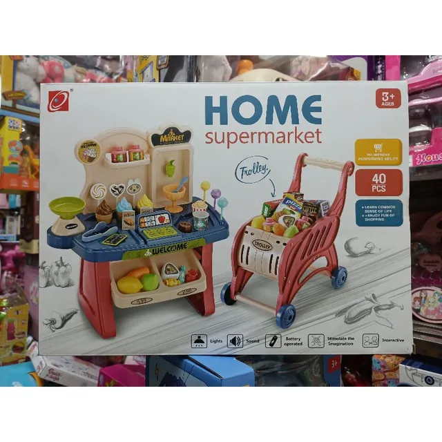 Hộp đồ chơi B&agrave;n b&aacute;n h&agrave;ng v&agrave; Xe đẩy trong si&ecirc;u thị HOME SUPERMARKET