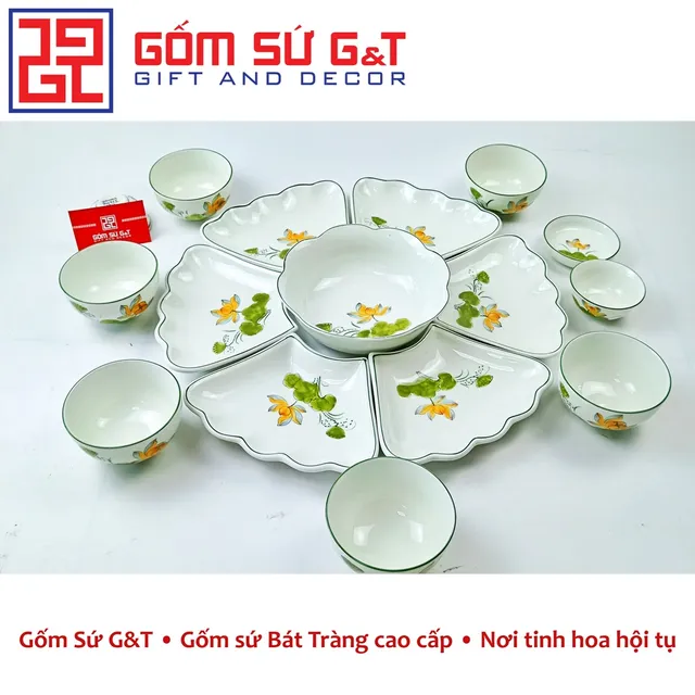 Bộ đồ ăn mặt trời men kem vẽ sen v&agrave;ng Gốm Sứ G&T
