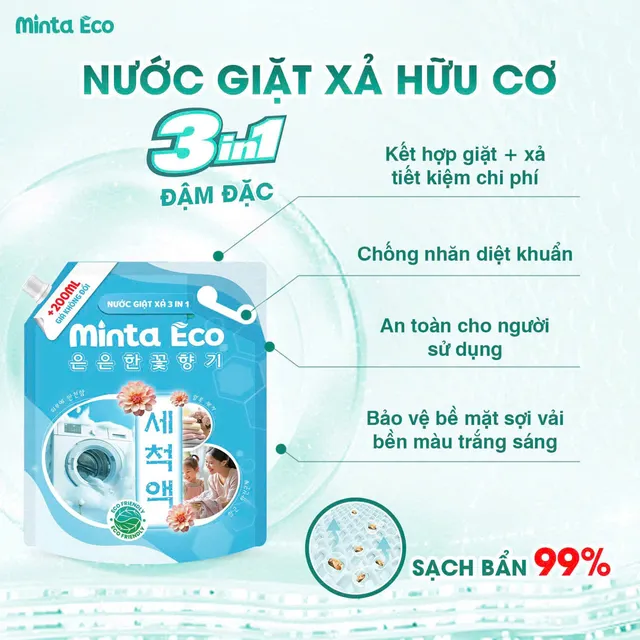 T&uacute;i nước giặt hữu cơ 3in1 với th&agrave;nh phần tự nhi&ecirc;n