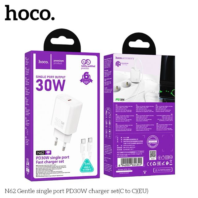 Bộ Sạc nhanh 30W chuẩn QC3.0 Chống ch&aacute;y K&egrave;m D&acirc;y C to C Hoco N62 Gentle PD30W (EU)