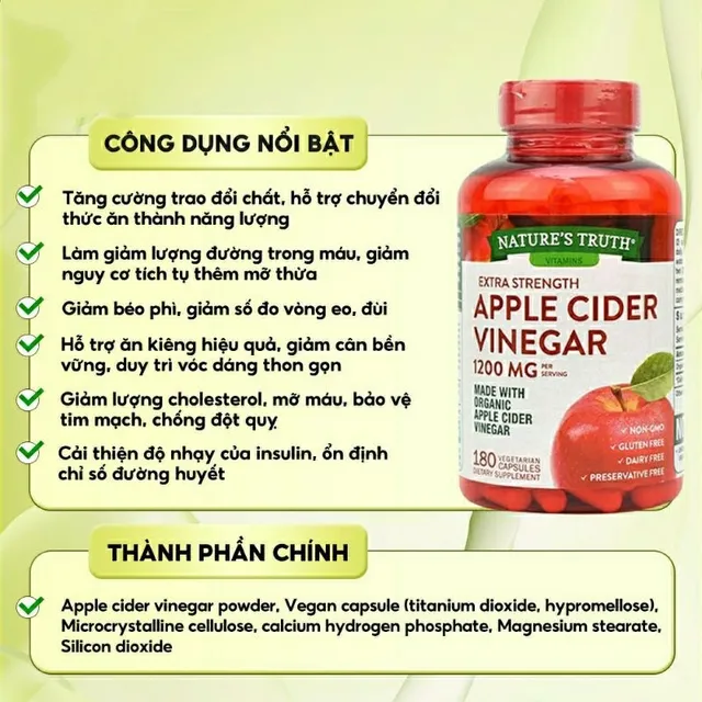 Vi&ecirc;n giấm t&aacute;o giảm c&acirc;n, mỡ thừa Apple Cider Vinegar 1200mg