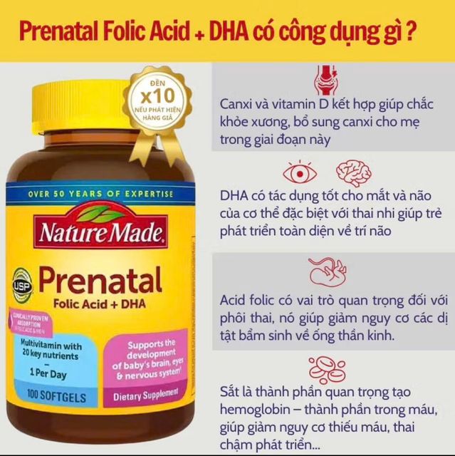 Vitamin tổng hợp cho mẹ bầu Prenatal Folic Acid + DHA Nature Made