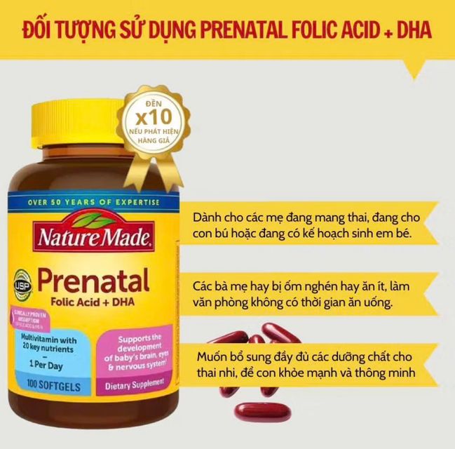 Vitamin tổng hợp cho mẹ bầu Prenatal Folic Acid + DHA Nature Made