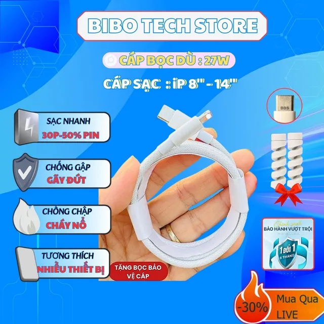 C&aacute;p Sạc 27W Nhanh Cho iP 8 &ndash; iP14