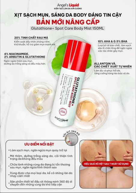 Xịt hỗ trợ giảm mụn lưng, giảm th&acirc;m mụn Angel's Liquid Glutathione