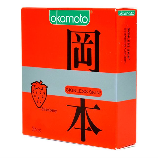 Bao Cao Su Okamoto Skinless Skin Strawberry Hương D&acirc;u Hộp 3 C&aacute;i