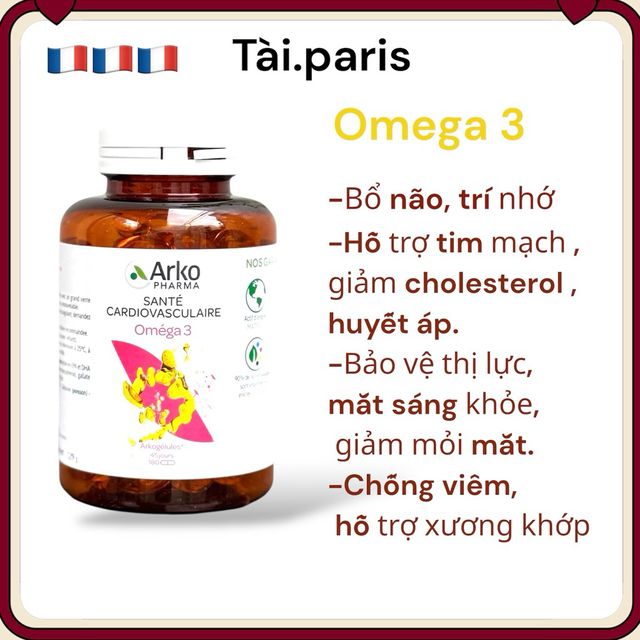 Vi&ecirc;n Uống Dầu C&aacute; Arkopharma Omega 3 - Bổ N&atilde;o, Hỗ Trợ Tim Mạch v&agrave; Bảo Vệ Mắt - 180 Vi&ecirc;n