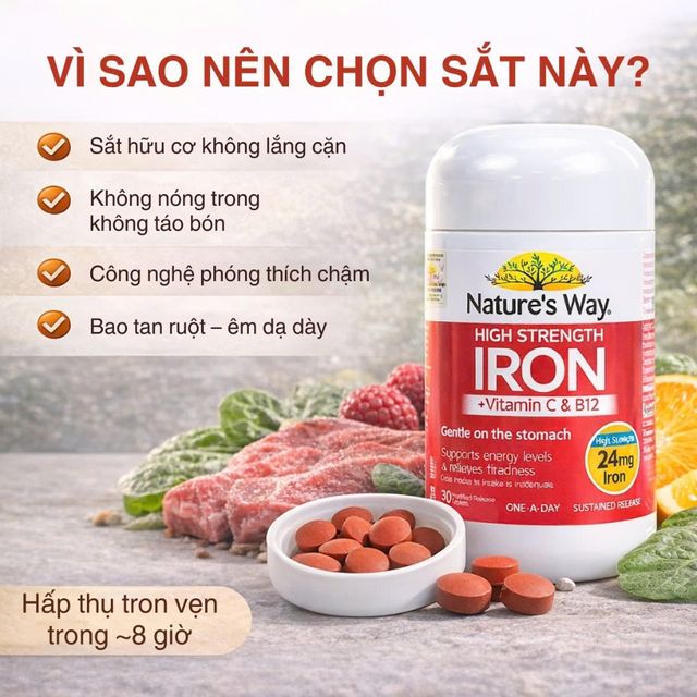 Nature&rsquo;s Way Sắt Hữu Cơ Cao Cấp + Vitamin C & B12