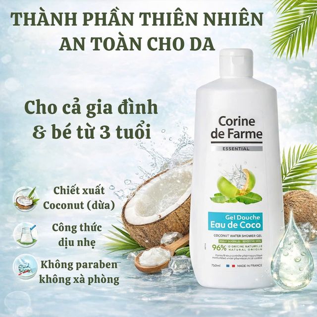Gel Tắm Corine de Farme Nước Dừa Tự Nhi&ecirc;n 750ml