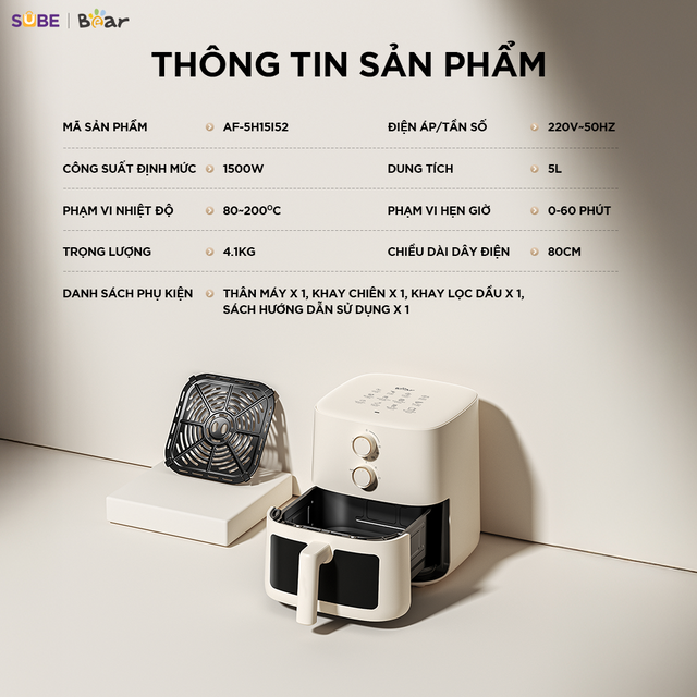 Dung t&iacute;ch 5L của nồi chi&ecirc;n kh&ocirc;ng dầu BEAR