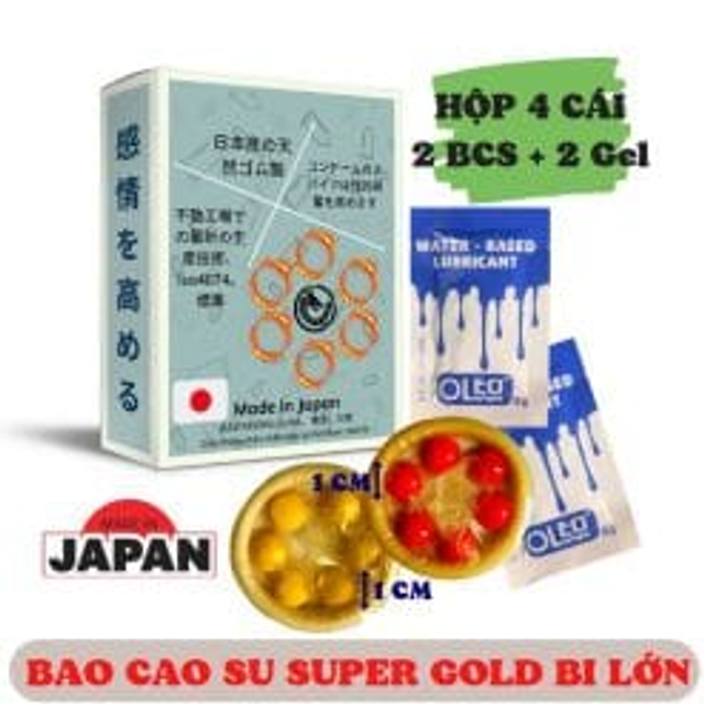 (Sales)Bao Cao Su Bi Lớn Super Gold Nhật Bản Chính Hãng Hộp 4 Cái – Hàng Chính Hãng – Tặng 2 Gel Bôi Trơn Oleo 8g Chính 