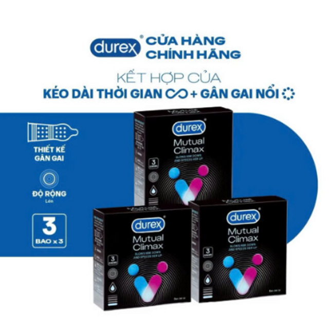 (Cao cấp) Bao Cao Su Durex Mutual Climax 3in1 K&eacute;o D&agrave;i Thời Gian &ndash; G&acirc;n Gai &ndash; &Ocirc;m S&aacute;t 52mm &ndash; Hộp 3 C&aacute;i Ch&iacute;nh h&atilde;ng - h&igrave;nh ảnh thực tế