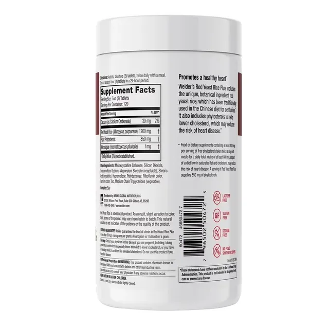 Vi&ecirc;n uống giảm nguy cơ tim mạch Weider Red Yeast Rice Plus 1200 mg 240 vi&ecirc;n