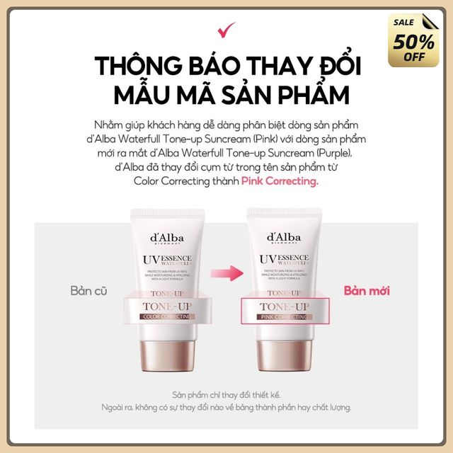 Kem chống nắng n&acirc;ng t&ocirc;ng da Waterfull Tone-up Sun Cream SPF 50+ 50ml - [d'Alba Official]