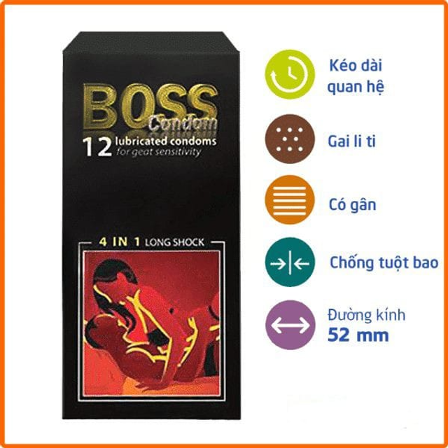 (Nhập khẩu) Bao Cao Su BOSS 4 in 1 Longshock 12 cái 1 hộp Chính hãng