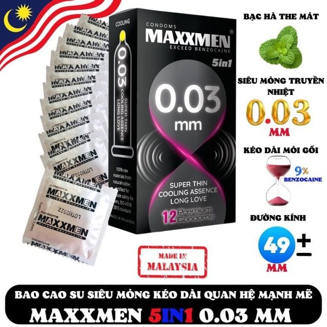(Nhập khẩu) Bao Cao Su Maxxmen 5in1 Siêu Mỏng 0.03 Truyền Nhiệt 3 cái