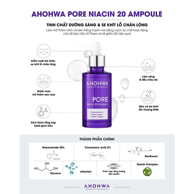 Tinh Chất Dưỡng S&aacute;ng, Thu Nhỏ Lỗ Ch&acirc;n L&ocirc;ng Ahohwa Pore Niacinamide 20% 30ml