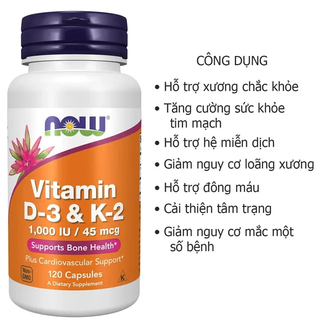 Vi&ecirc;n uống Vitamin D3 & K2 Now 1000IU 45mcg 120 vi&ecirc;n của Mỹ