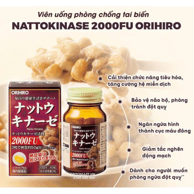 Vi&ecirc;n uống hỗ trợ tim mạch Nattokinase 2000FU Orihiro Nhật Bản