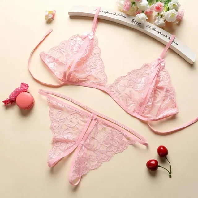 Đồ L&oacute;t Sexy 2 Mảnh Ren Quần L&oacute;t Lọt Khe Xẻ Đ&aacute;y Set Bralette Nội Y Gợi Cảm - T310 Hồng