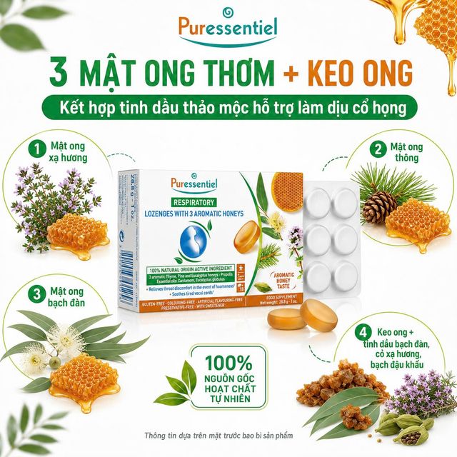 Vi&ecirc;n Ngậm Họng Puressentiel 3 Mật Ong Thơm