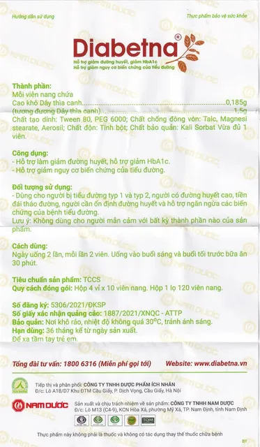 Vi&ecirc;n hỗ trợ giảm đường huyết Diabetna Nam Dược