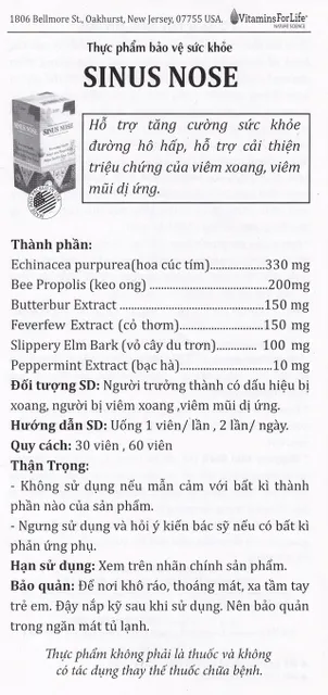 Vi&ecirc;n uống hỗ trợ đường h&ocirc; hấp Sinus Nose Vitamins For Life