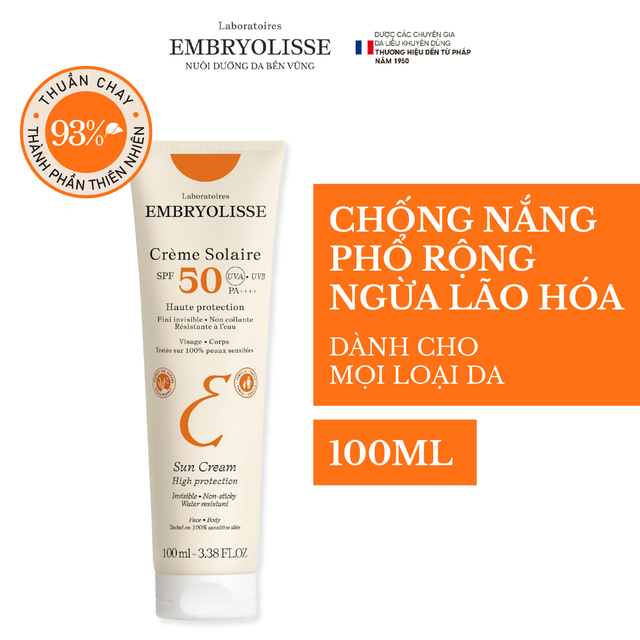 Kem chống nắng phổ rộng dưỡng ẩm cho da kh&ocirc;, nhạy cảm Cr&egrave;me Solaire Embryolisse 100ml